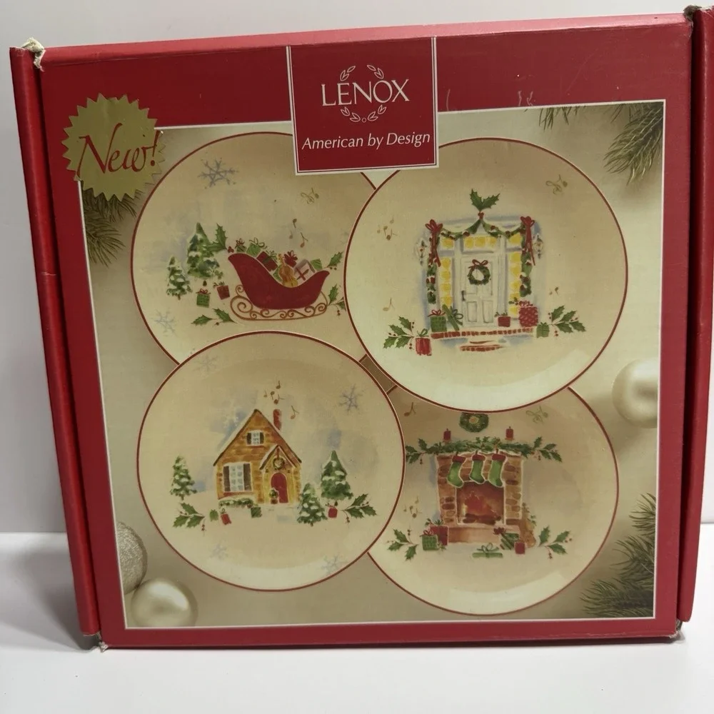 4 LENOX Christmas Dessert Plates Holiday Inspirations Illustrations Set Scenes